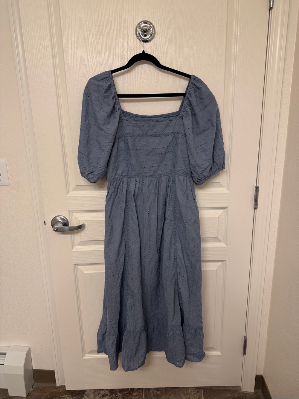 Baltic Born Dusty Blue Eyelet Cotton Midi Dress with Puff Sleeves - Picture 4 of 9